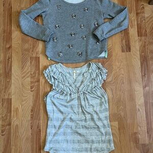 Anthropologie 2pc Bundle Silver Gray Gem Detail Sweater + Flutter Cap Sleeve tee